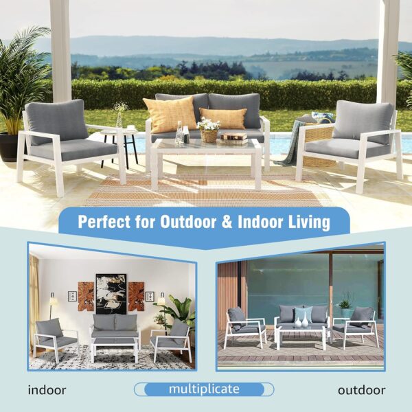 Soleil Jardin 4-Piece Aluminum Outdoor Patio Furniture, Patio Conversation Sofa Set with Removable Cushions, Tempered Glass Top Coffee Table, White Finish & Grey Cushion - Image 7