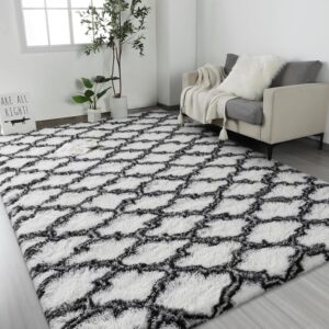 Lascpt 4×6 Large Shag Area Rugs for Bedroom, White Living Room Rug Super Soft Plush Fluffy Carpets, Moroccan Geometric Rug for Home Decor, Non-Slip Indoor Floor Rug for Dorm Kids Nursery Girls Room
