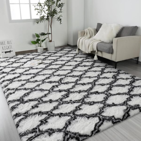 Lascpt 4×6 Large Shag Area Rugs for Bedroom, White Living Room Rug Super Soft Plush Fluffy Carpets, Moroccan Geometric Rug for Home Decor, Non-Slip Indoor Floor Rug for Dorm Kids Nursery Girls Room