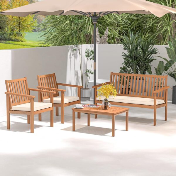 Tangkula 4 Piece Patio Wood Furniture Set, Acacia Wood Sofa Set w/Loveseat, 2 Chairs & Coffee Table, Soft Seat Cushions, Outdoor Wood Furniture Set for Porch, Yard, Balcony (Off White) - Image 2