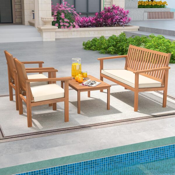 Tangkula 4 Piece Patio Wood Furniture Set, Acacia Wood Sofa Set w/Loveseat, 2 Chairs & Coffee Table, Soft Seat Cushions, Outdoor Wood Furniture Set for Porch, Yard, Balcony (Off White) - Image 3