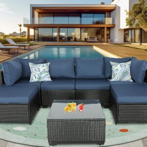 Outdoor Patio Furniture Set Balcony Furniture PE Rattan Wicker Outdoor Sectional with Washable Cushion for Garden, Poolside, Balcony, Backyard (Peacock Blue, w/Table) (Dark Blue, with Table)