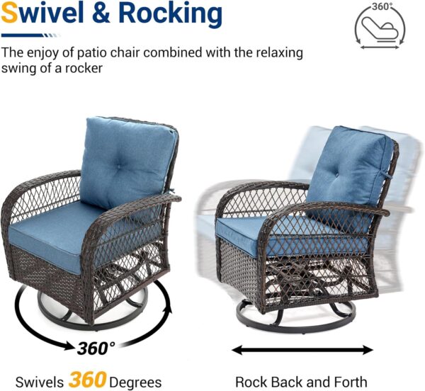 UDPATIO 3 Pieces Patio Furniture Set, Outdoor Swivel Gliders Rocker, Wicker Patio Bistro Set with Rattan Rocking Chair, Glass Top Side Table and Thickened Cushions for Porch Deck Backyard (Blue) - Image 3