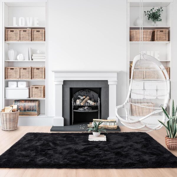 Noahas Fluffy Bedroom Rug Carpet,4x5.3 Feet Shaggy Fuzzy Rugs for Bedroom,Soft Rug for Kids Room,Plush Nursery Rug for Baby,Thick Black Area Rugs for Living Room,Cute Room Decor for Girls Boys - Image 3