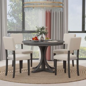 Merax 5-Piece Retro Round Dining Table Set with Curved Trestle Style Legs and 4 Upholstered Chairs, Kitchen Furniture, Dark Gray