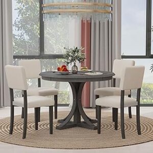 Merax 5-Piece Retro Round Dining Table Set with Curved Trestle Style Legs and 4 Upholstered Chairs, Kitchen Furniture, Dark Gray