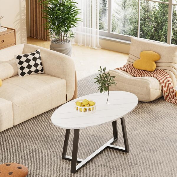 Coffee Table White Faux Marble Coffee Table for Living Room,Oval Modern Center Table Tea Table for Small Space,Wooden Living Room Tables End Table with Sturdy Black Metal Leg - Image 5