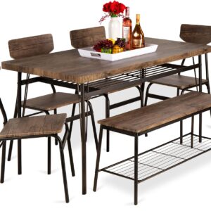 Best Choice Products 6-Piece 55in Modern Dining Set for Home, Kitchen, Dining Room w/Storage Racks, Rectangular Table, Bench, 4 Chairs, Steel Frame - Brown