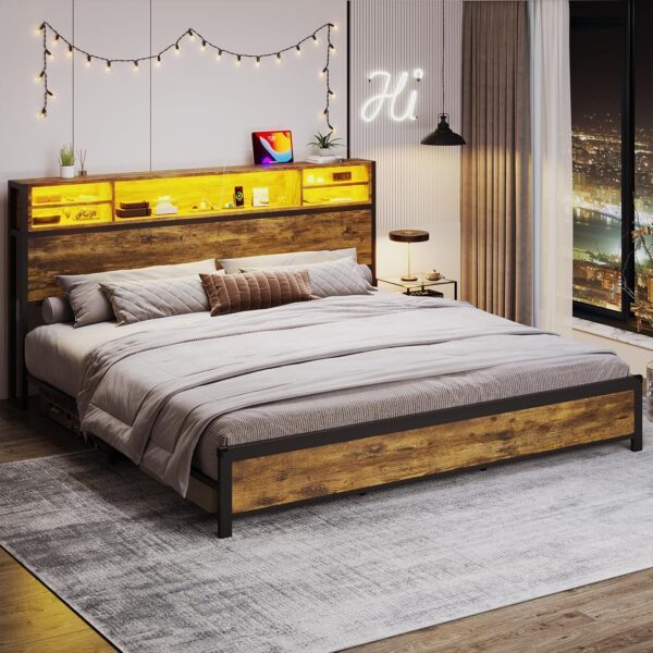 King Size Bed Frame with Storage Headboard, King Bed Frame with USB Ports & Charging Outlets, Upgraded 2-Row Support Bars, No Box Spring Needed, Vintage Brown&Black - Image 5