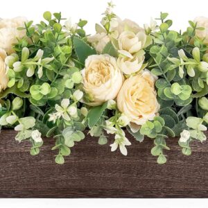 Dahey Centerpiece Table Decorations for Dining Room Farmhouse Living Room Table Centerpieces Decor Wood Tray with 3 Artificial Flowers and 2 Eucalyptus for Kitchen Table, 14.1" x 4.7" x 3.1"