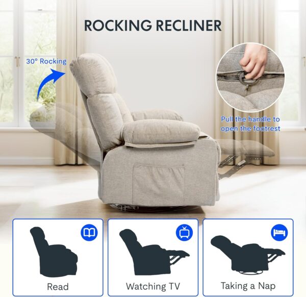 FLEXISPOT XRC5 Recliner Chair for Adults w/Massage & Heat, Oversized 24.4" Wide Swivel Rocker Chair Supports Up to 350 lbs, Overstuffed Large Manual Reclining Sofa for Living Room Nusery, Beige - Image 3
