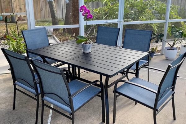 Outdoor Table and Chairs, Patio Dining Sets for 6 with Blue Chairs and Metal Rectangular Table for Deck Backyard Lawn Poolside - Image 7