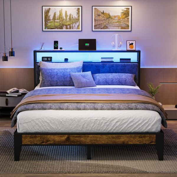OLEVS Queen Bed Frame with Headboard, Metal Platform Bed Queen Size with 2-Tier Storage, LED Light & Charging Station Type C, No Box Spring Needed - Image 7