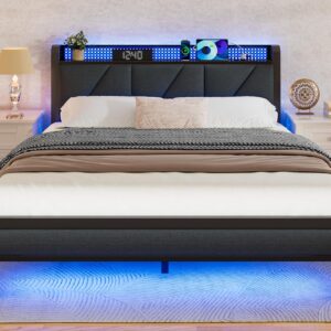 Furnulem Queen Size Bed Frame with Headboard and LED Lights,Upholstered Bedframe with Charging Station and USB Port, Platform Metal Bed Frame,No Box Spring Needed, Noise Free