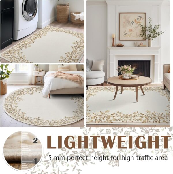 jinchan Area Rug 5x7 Washable Rug Indoor Floral Vintage Elegant Luxury Garland Print Floor Soft Thin Rug Mat Retro Non Slip Carpet Decor Kitchen Living Room Bedroom Dining Room Decor Ivory Taupe - Image 4