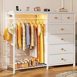 EnHomee 49.2" W Dresser for Bedroom with Hanging Rack 6 Drawers Dresser with LED Lights Fabric Dressers & Chest of Drawer with Clothes Rack,Wooden Top,Grid Panel,Closet,White 49.2" Wx47.2 Hx15.8 D