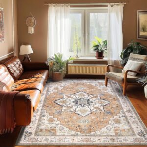 Area Rug for Living Room 5x7 - Vintage Washable Rugs Traditional Floor Carpet Soft Oriental Area Carpet Big Neutral Rug Low Pile Stain Resistant Rug for Bedroom Kitchen - Grey/Orange