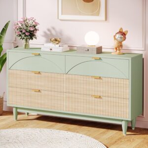 Tribesigns 6-Drawer Dresser for Bedroom: 55 Inches Modern Chest of Drawers with Gold Metal Handles, Green Long Double Dresser Organizer Wood Cabinet for Bedroom, Closet, Living Room