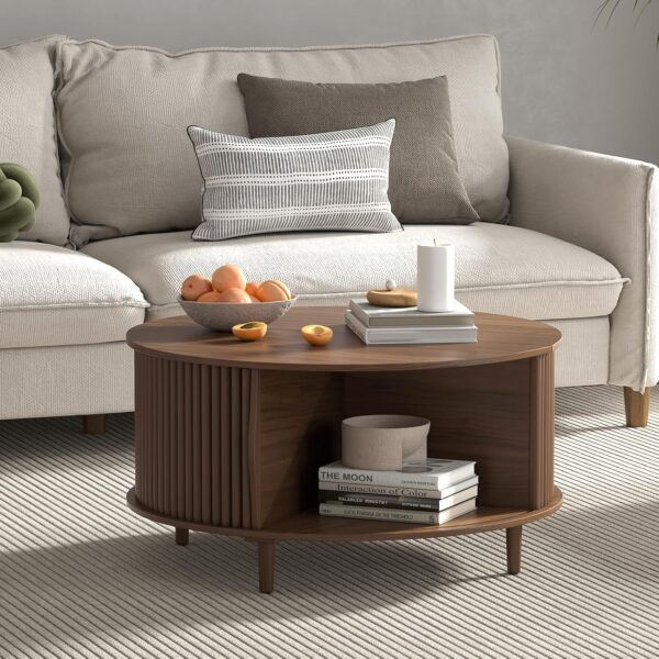 Round Coffee Table with Storage,Mid Century Modern Coffee Table with Sliding Cabinet Door,Coffee Table for Living Room,31.5" Small Center Table (Walnut) - Image 6