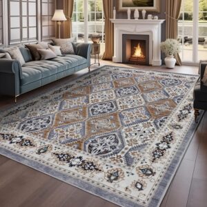 Area Rug for Living Room, Indoor Machine Washable Rug for Bedroom Vintage Rug Dinning Room Floor Carpet Non-Slip Backing Rugs Floral Soft Low-Pile Office Rug (Grey/Brown, 8' × 10')