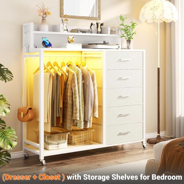 Cyclysio Dresser for Bedroom with Clothes Rack & Shelves, White 5 Drawers Dresser with Charging Station & LED Lights, Chest of Drawers with Lockable Wheels, Storage Shelves, Bedroom, Closet,Entryway - Image 4