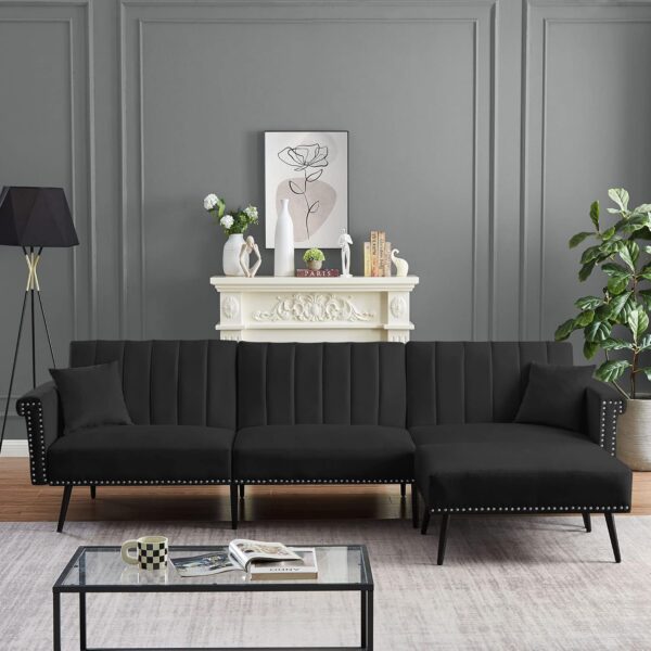Eafurn L-Shaped Sectional Movable Ottoman,Convertible Sleeper Corner Adjustable Backrest & 2 Toss Pillows,Modern Velvet Tufted Comfy Sofa & Couch Living Room Furniture Set, Black 110.2"