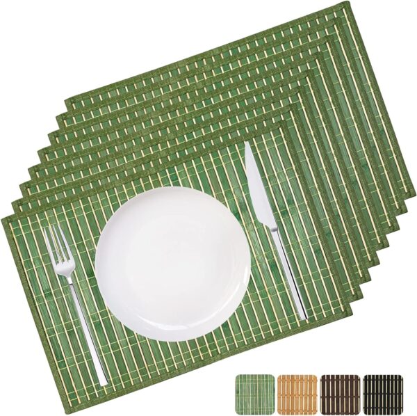 ANDSTAR Set of 8 Pcs Bamboo Placemats Sushi Rolling Mat Japanese Style Natural Anti-Slip Bamboo Placemats Washable Heat-Resistant Table Mats for Dining Room and Kitchen（Green）