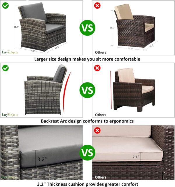 LayinSun 4 Piece Outdoor Patio Furniture Sets, Wicker Conversation Sets, Rattan Sofa Chair with Cushion for Backyard Lawn Garden (Grey) - Image 5