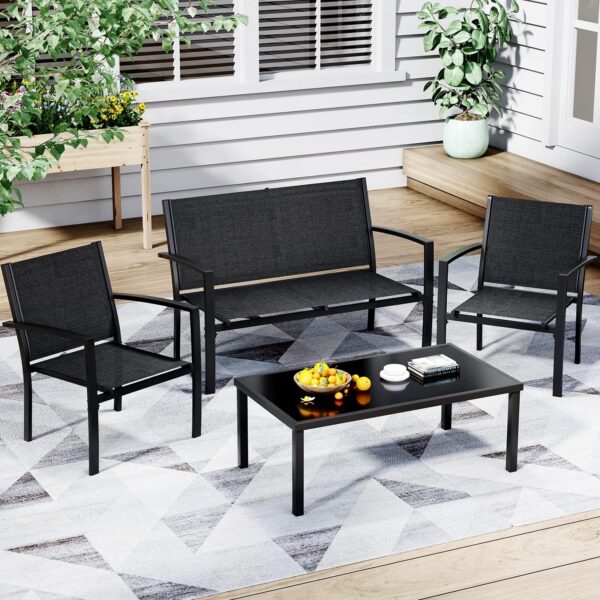 Greesum 4 Pieces Patio Furniture Set, Outdoor Conversation Sets for Patio, Lawn, Garden, Poolside with A Glass Coffee Table, Black - Image 2