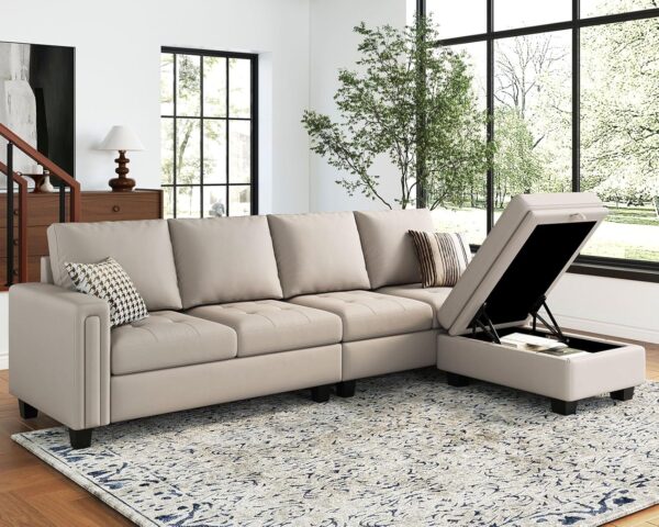 Belffin Faux Leather Convertible Sectional Sofa Couch L Shaped Couch Sofa with Reversible Chaise Leather Corner Sectional 4 Seat Sofa with Storage Ottoman Beige - Image 3