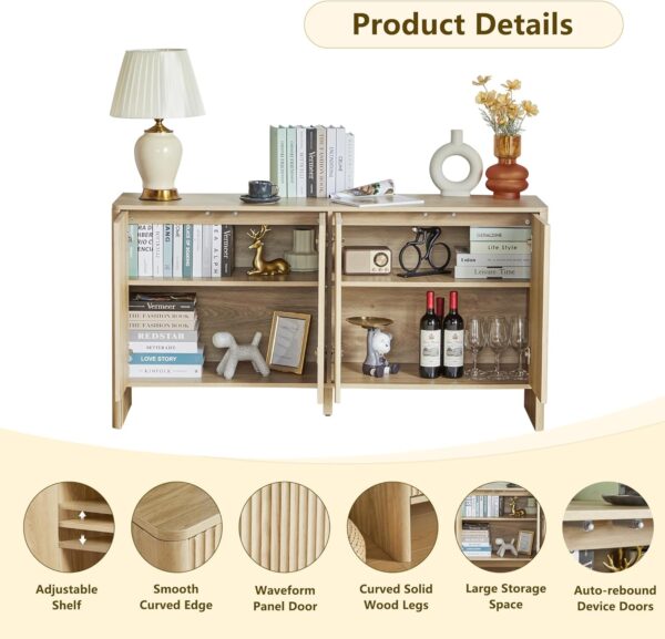 Sideboard Buffets Cabinet, Modern Accent Storage Cabinet with 4 Fluted Doors and Adjustable Shelves, Wood Credenza Buffet Sideboards, Console Table for Kitchen Dining Living Room Entryway (Natural) - Image 3