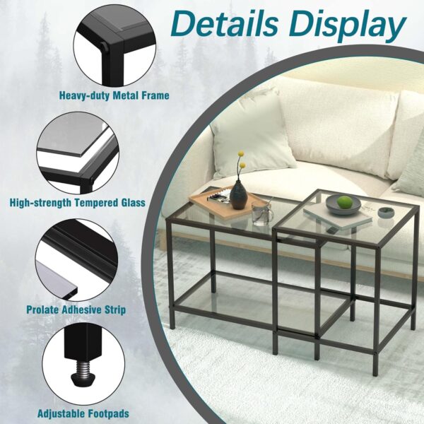 Nesting Coffee Table,Small Glass Coffee Table Set of 2,Black Modern Square Sofa Side Tea Table for Living Room,Bedroom and Small Spaces,2 Tier Tempered Glass with Sturdy Metal Frame, Easy Assembly - Image 4