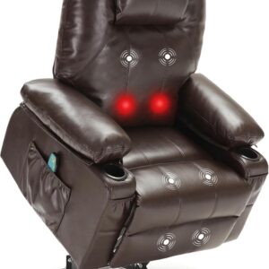 Oversized Power Lift Recliner Chair with Heat and Massage, Leather Power Recliner Chair with USB Port and Cup Holders, Big Large Recliner Chair for Seniors (Leather, Brown)