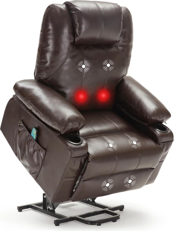 Oversized Power Lift Recliner Chair with Heat and Massage, Leather Power Recliner Chair with USB Port and Cup Holders, Big Large Recliner Chair for Seniors (Leather, Brown)