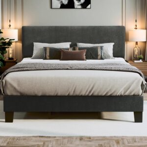 King Bed Frame with Adjustable Headboard Upholstered Bed Frame Platform Linen Fabric Headboard Wooden Slats Support/No Box Spring Needed/Easy Assembly/Mattress Foundation, Grey
