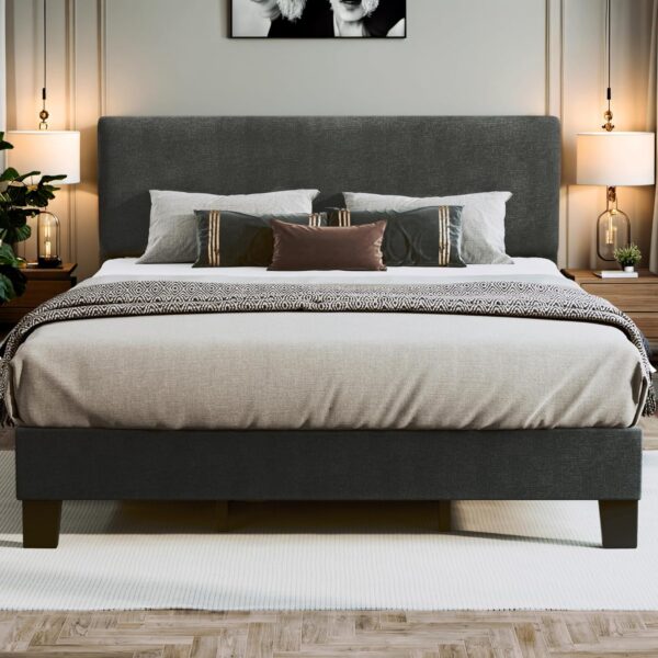 King Bed Frame with Adjustable Headboard Upholstered Bed Frame Platform Linen Fabric Headboard Wooden Slats Support/No Box Spring Needed/Easy Assembly/Mattress Foundation, Grey