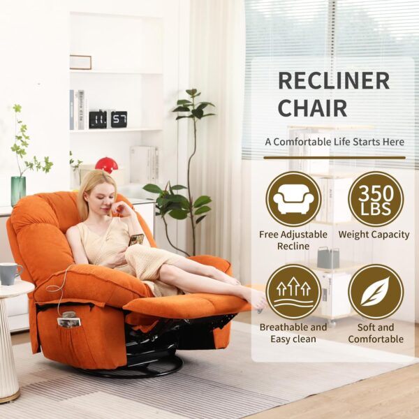 Massage Recliner Chair with Heat, Power Recliner with USB and Type-C Charging, Rocking Swivel Glider Recliner Chair for Living Room, Bedroom, Orange - Image 3