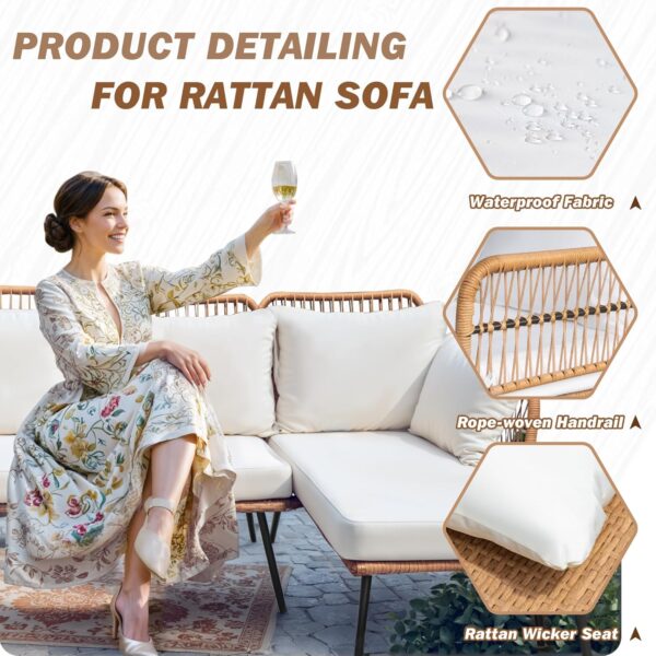 Greesum Outdoor Rope Woven Patio Furniture L-Shaped Conversation Sectional Sofa Set Detachable Lounger for Backyard Porch with Thick Cushions & Long Table, White - Image 5
