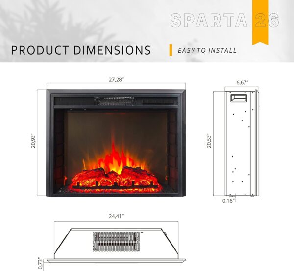 FIREBLAZE Electric Fireplace Sparta 26 inch - Flat Front Glass LED Fireplace Insert with Remote Control - Adjustable Heating, Sound, Brightness, Timer - 2-Way Recessed Installation - Heats 400 sq ft - Image 5