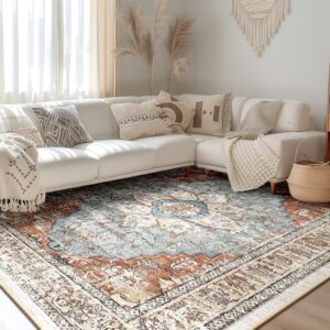 BESTSWEETIE Area Rug 8x10 Rugs for Living Room 8 x 10 Washable Rugs Non Slip Vintage Boho Living Room Rugs for Bedroom Dining Room, Distressed Floral Pattern Carpet, Green Brick Rust Red