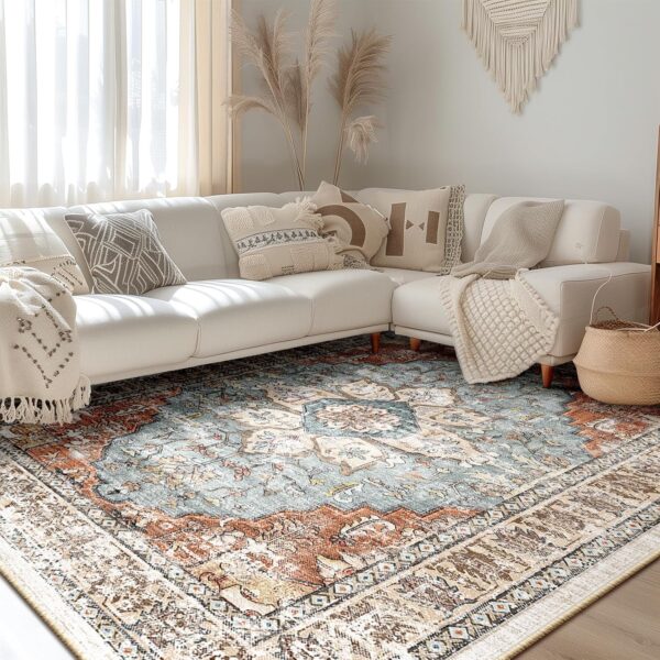 BESTSWEETIE Area Rug 8x10 Rugs for Living Room 8 x 10 Washable Rugs Non Slip Vintage Boho Living Room Rugs for Bedroom Dining Room, Distressed Floral Pattern Carpet, Green Brick Rust Red