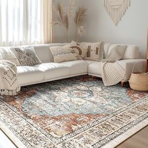 BESTSWEETIE Area Rug 8x10 Rugs for Living Room 8 x 10 Washable Rugs Non Slip Vintage Boho Living Room Rugs for Bedroom Dining Room, Distressed Floral Pattern Carpet, Green Brick Rust Red
