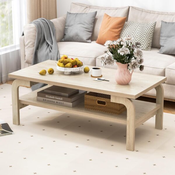Giantex 2-Tier Coffee Table with Storage, 47” Mid Century Rectangle Accent Table with Open Shelf, Large Tabletop & Curved Legs, Rustic Style Wood Cocktail Table, Center Table for Living Room, Natural - Image 7