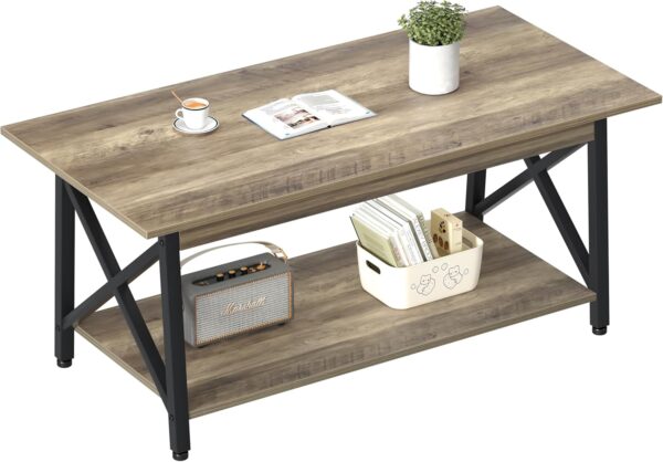 GreenForest Coffee Table with Storage, 39inch Modern Coffee Tables for Living Room, X-Frame Design Farmhouse Coffee Table Space Saving Living Room Tables, Easy Assembly, Grey Wash