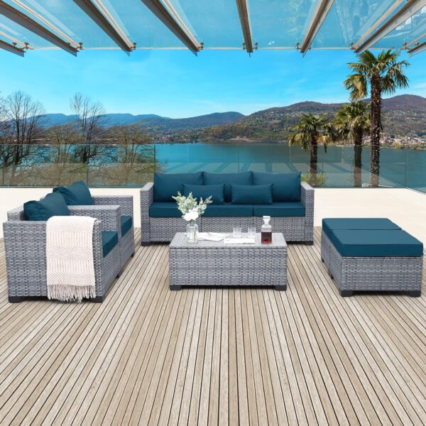 6 Pieces Wicker Patio Furniture Sets Outdoor Conversation Set PE Rattan Sectional Sofa Couch with Storage Table and Peacock Blue Cushions - Image 2