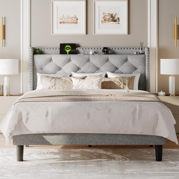 Feonase Queen Bed Frame with Luxury Wingback Upholstered Button Tufted Storage Headboard, Queen Platform Bed with Charging Station, Sturdy Wooden Slats Support, Noise-Free, Easy Assembly, Light Gray - Image 7