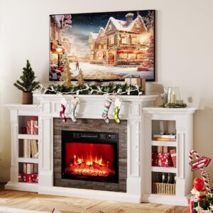 Naice 70" Electric Fireplace with Mantel and Cabinets, Fireplace TV Stand for Living Room Bedroom, Stacked Stone Surround and Remote Control 3D Realistic Flame, White