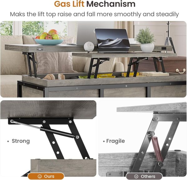 Itaar Lift Top Coffee Table, 4 in 1 Coffee Tables with Storage for Living Room, Farmhouse Coffee Table Converts to Dining Table for Living Room, Home Office, Grey - Image 6
