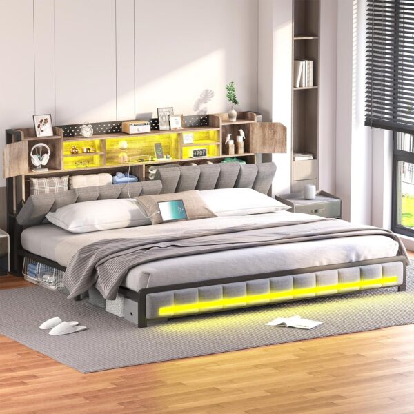 King Size Bed Frame and Bookcase Storage Headboard, LED Upholstered Bed Frame King with Charging Station, Light up King Size Platform Metal Bed Frame, No Box Spring Needed, Charcoal Gray - Image 7