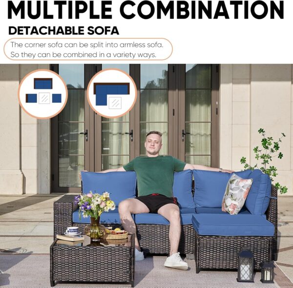 Patio Furniture Set 5 Pieces All Weather Patio Conversation Sets Wicker PE Rattan Outdoor Sectional Couch Sofa Set with Cushion Ottoman & Coffee Table for Garden, Backyard, Poolside Beige - Image 6